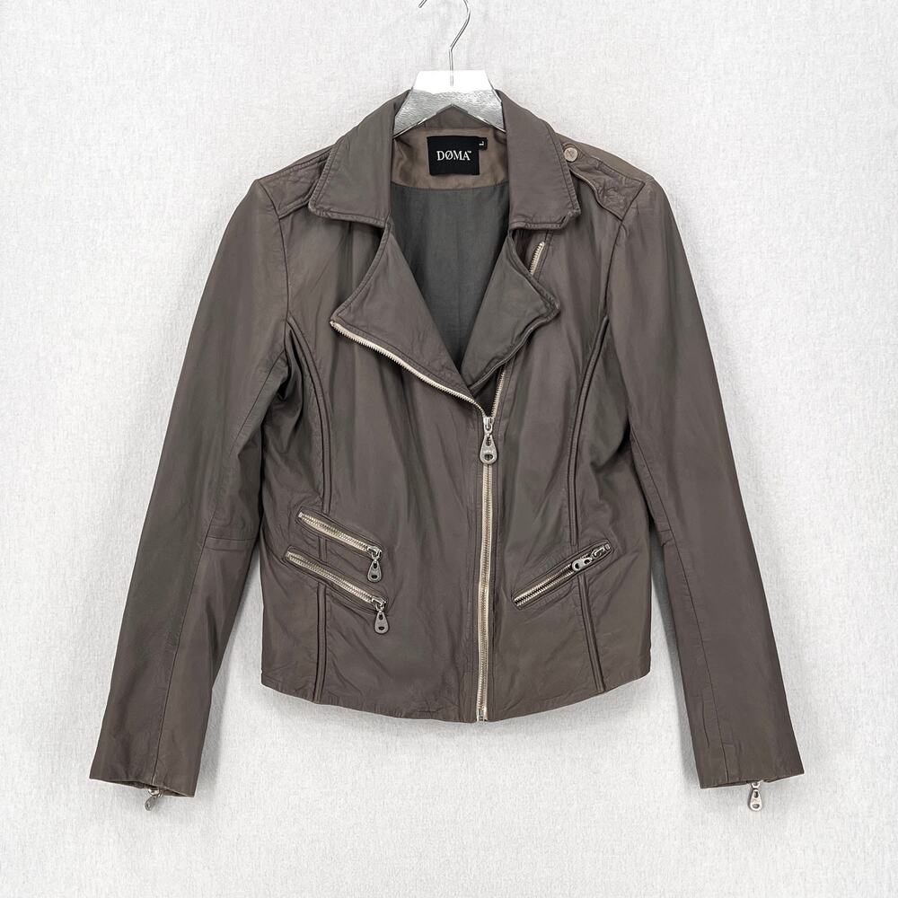 DOMA Leather Moto Jacket Womens Large Gray Taupe Zipper Detail Biker